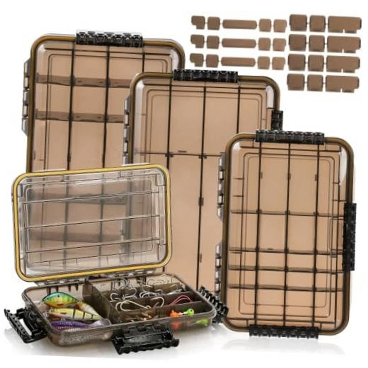 3-pack waterproof tackle storage boxes with clear lids open, organized for fishing gear