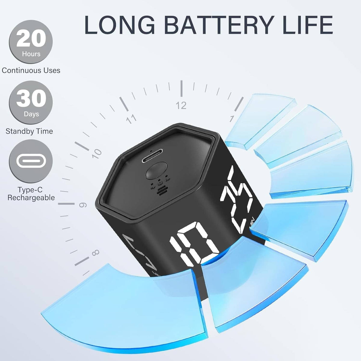 Black rechargeable timer with USB-C port and battery life indicator graphics