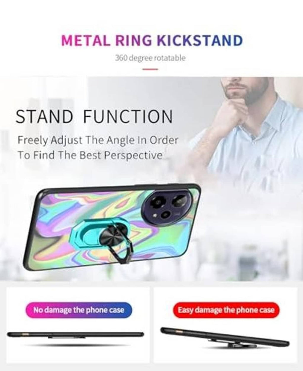 Iridescent wavy phone case featuring 360° metal ring kickstand on back