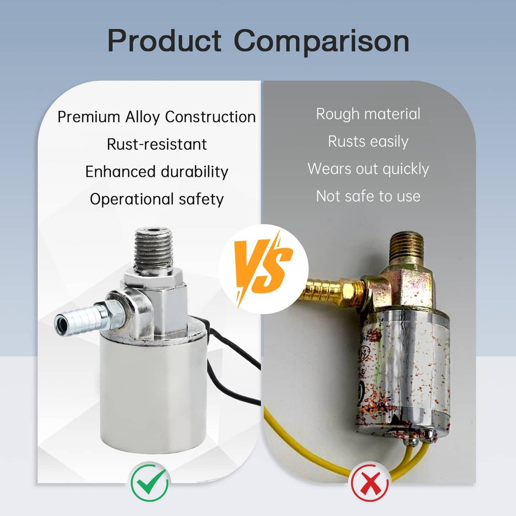 Air horn solenoid valve comparison view with metal body and electrical leads