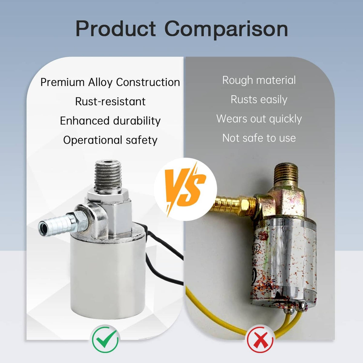 Air horn solenoid valve comparison view with metal body and electrical leads