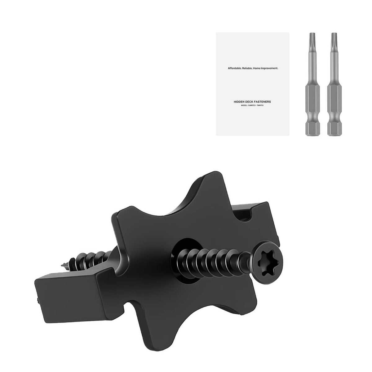 Black hidden deck fastener T-clip with pre-installed screw and drive head