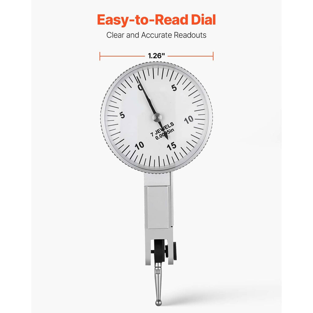 Dial test indicator with round white face gauge and needle probe on a gray stem