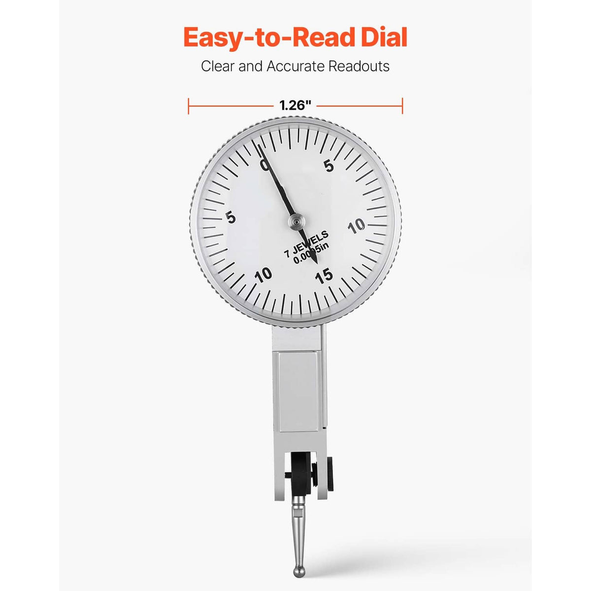 Dial test indicator with round white face gauge and needle probe on a gray stem