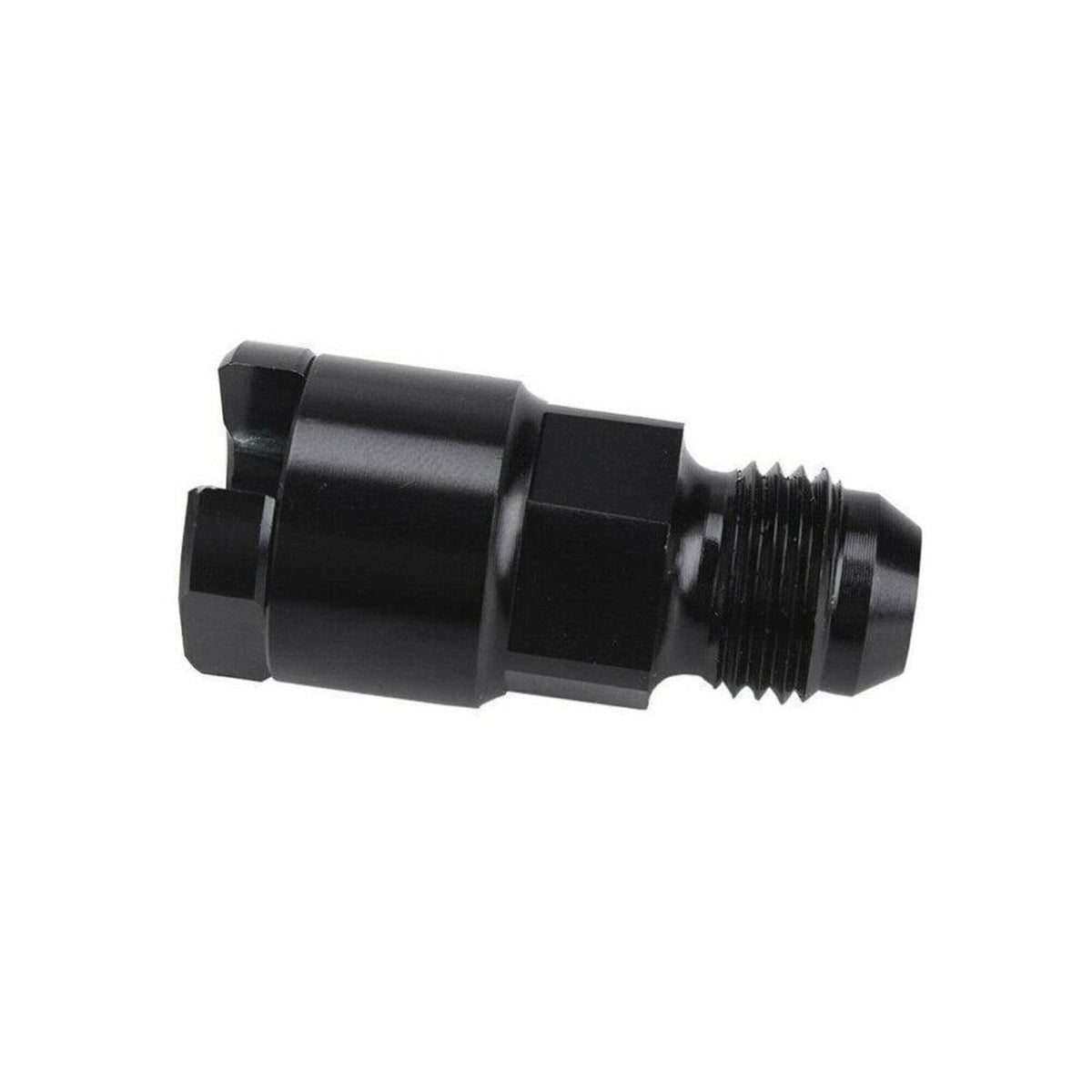 Black 6AN fuel adapter fitting with external threads and hex guard