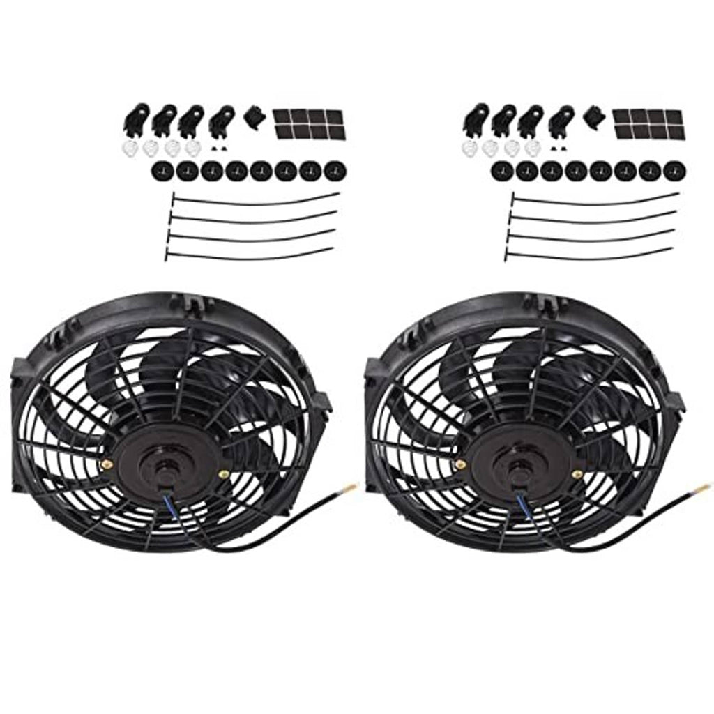 Universal radiator cooling fan set: two black fans with wiring and bracket parts