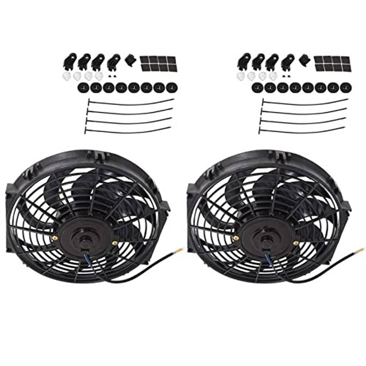 Universal radiator cooling fan set: two black fans with wiring and bracket parts