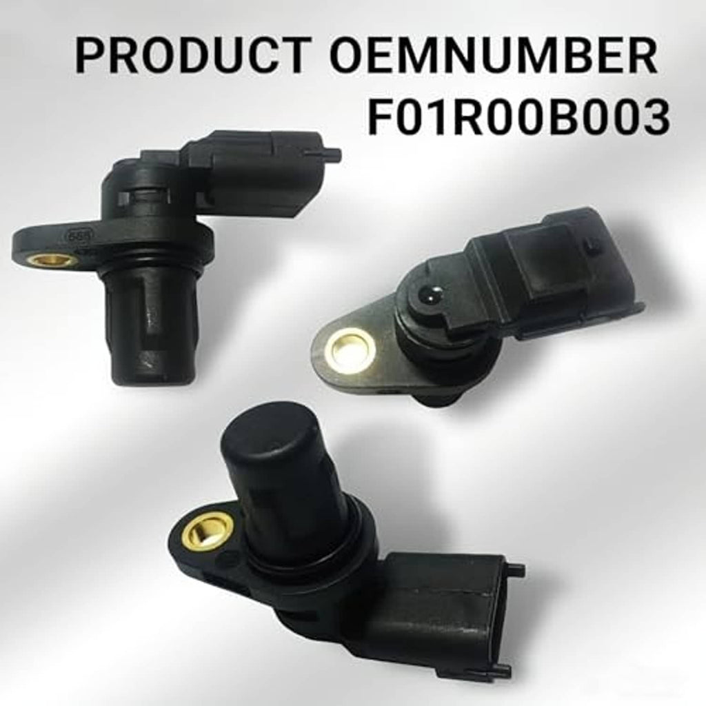 Camshaft position sensor shown from multiple angles, black housing with gold terminal