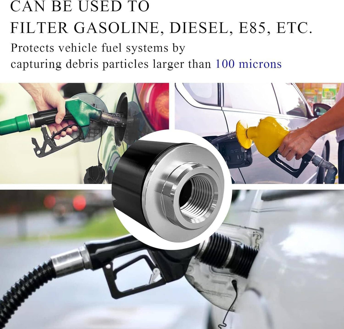 Inline fuel filter with silver threaded end adapter for fuel dispensing hoses