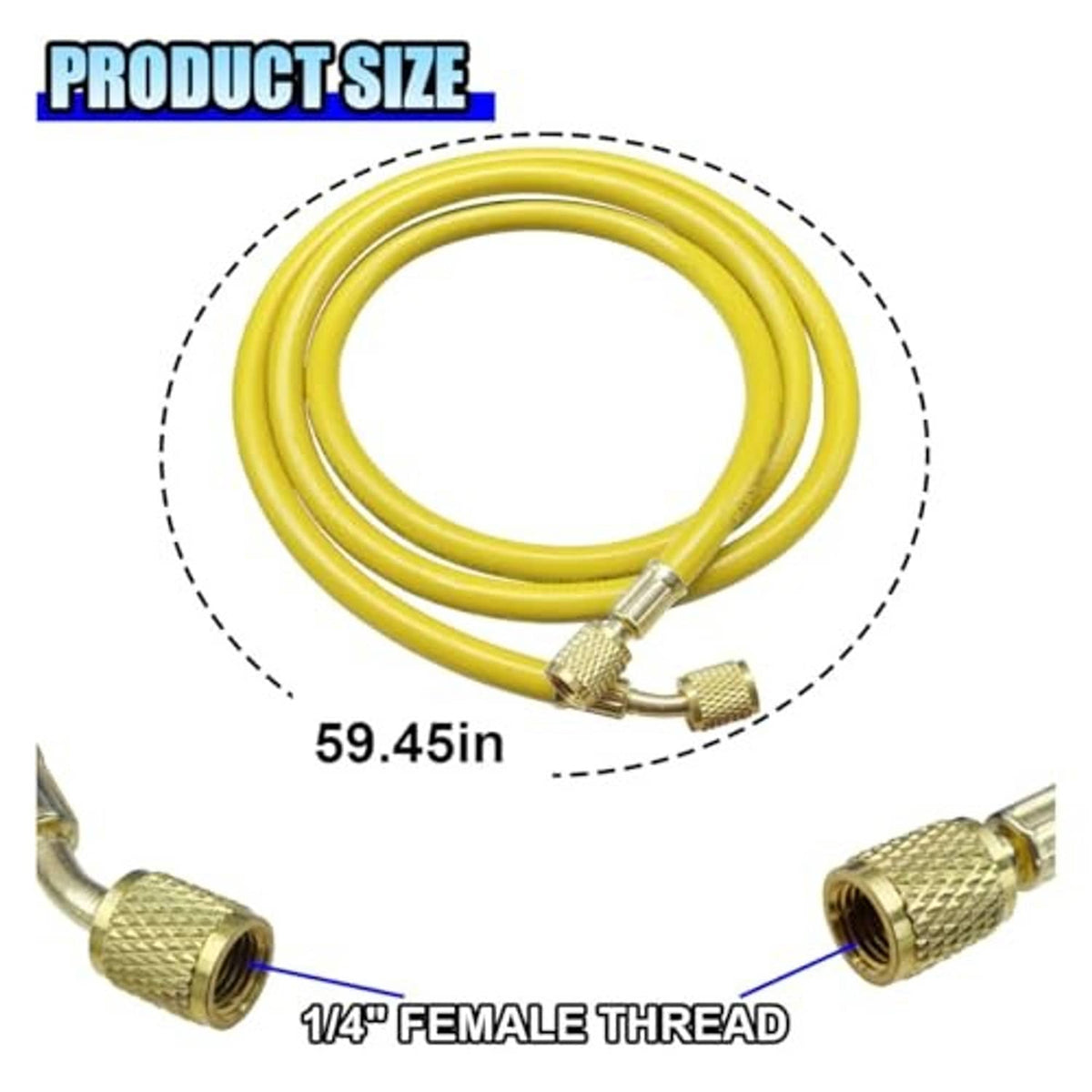 Yellow refrigerant hose with brass 1/4 female threaded ends, about 59.45 in