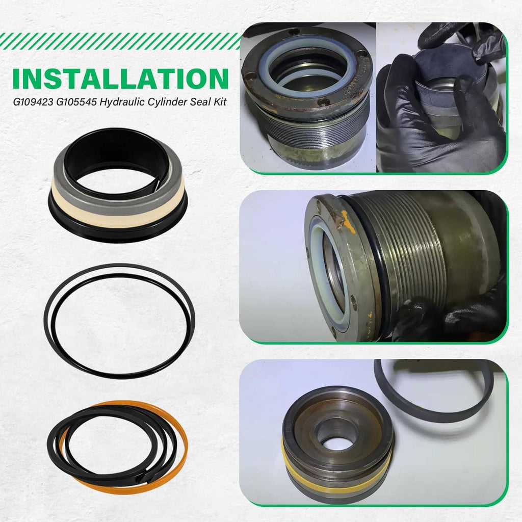 Hydraulic cylinder seal kit with black seal cap and multiple O-rings, including orange ring