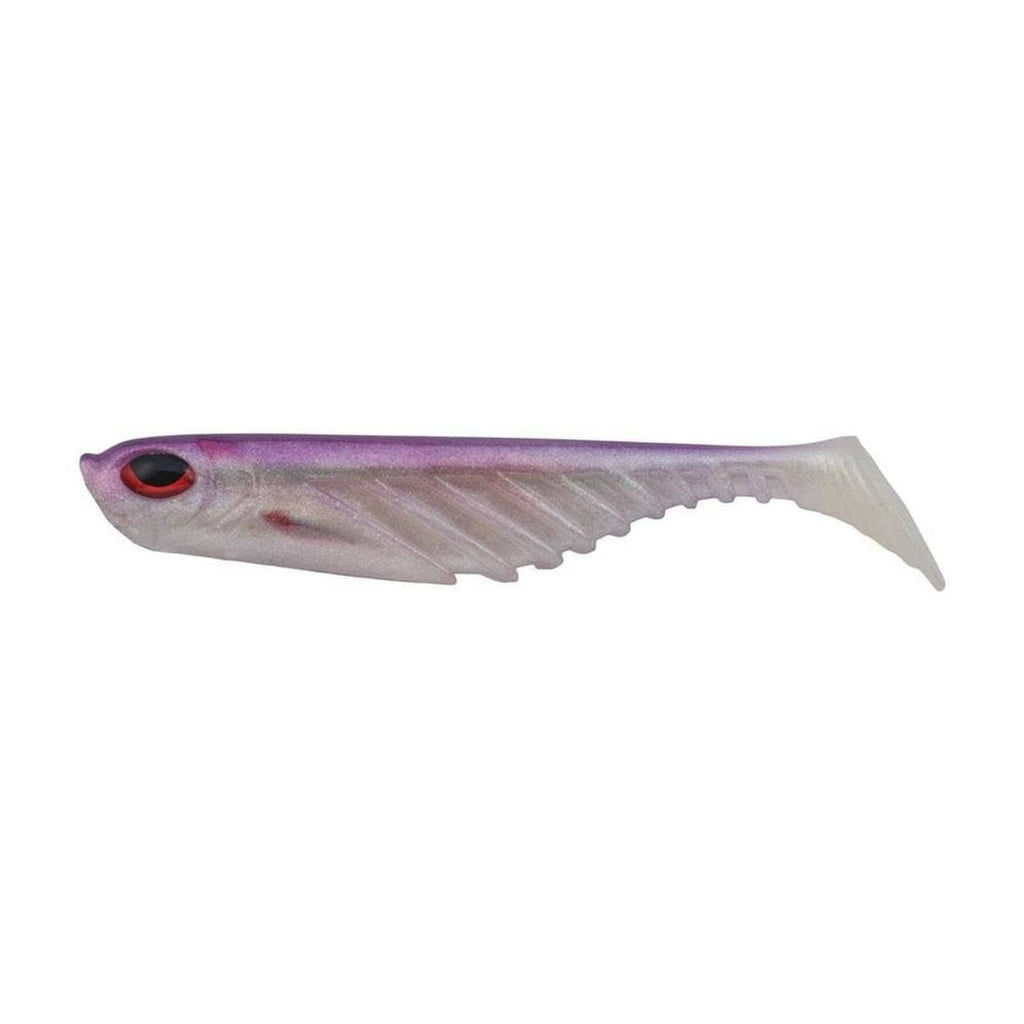 Berkley Powerbait purple smelt segmented fishing lure, side view with red eye