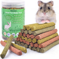 Mixed rabbit chew sticks, natural timothy hay and veggie mix, stacked with loose pieces
