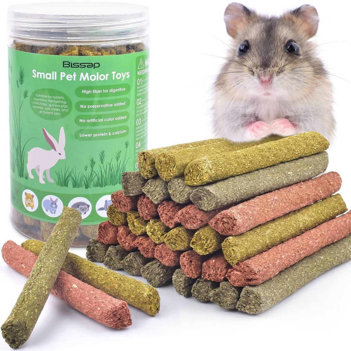 Mixed rabbit chew sticks, natural timothy hay and veggie mix, stacked with loose pieces