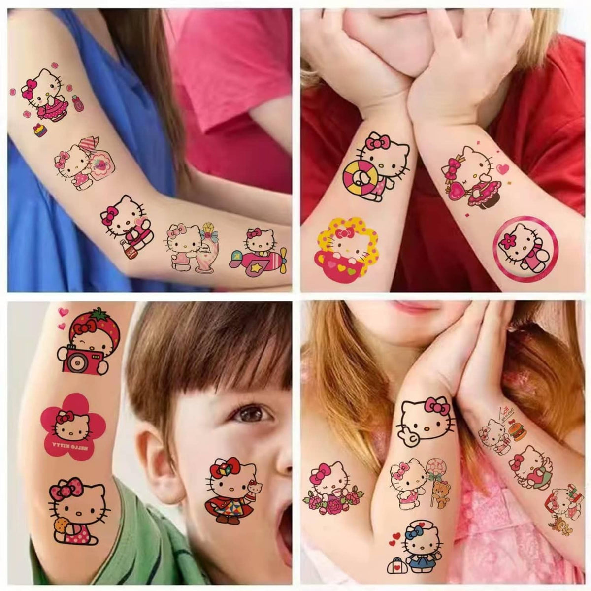 Close-up of kids' arms with Hello Kitty temporary tattoos, colorful cartoon scenes.