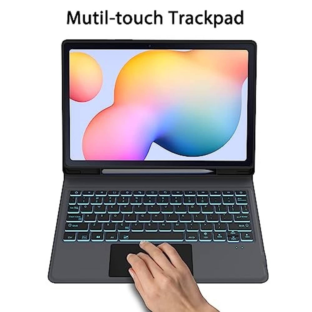 Black Galaxy Tab S6 Lite keyboard case with multi-touch trackpad and blue backlit keys