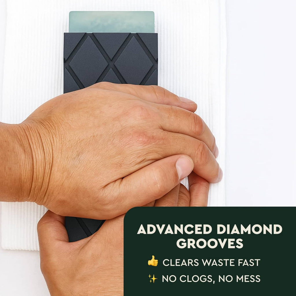 Dark gray dual-grit flattening stone with advanced diamond grooves and textured surface