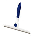 Blue-and-white window squeegee with white handle and gray rubber blade edge.