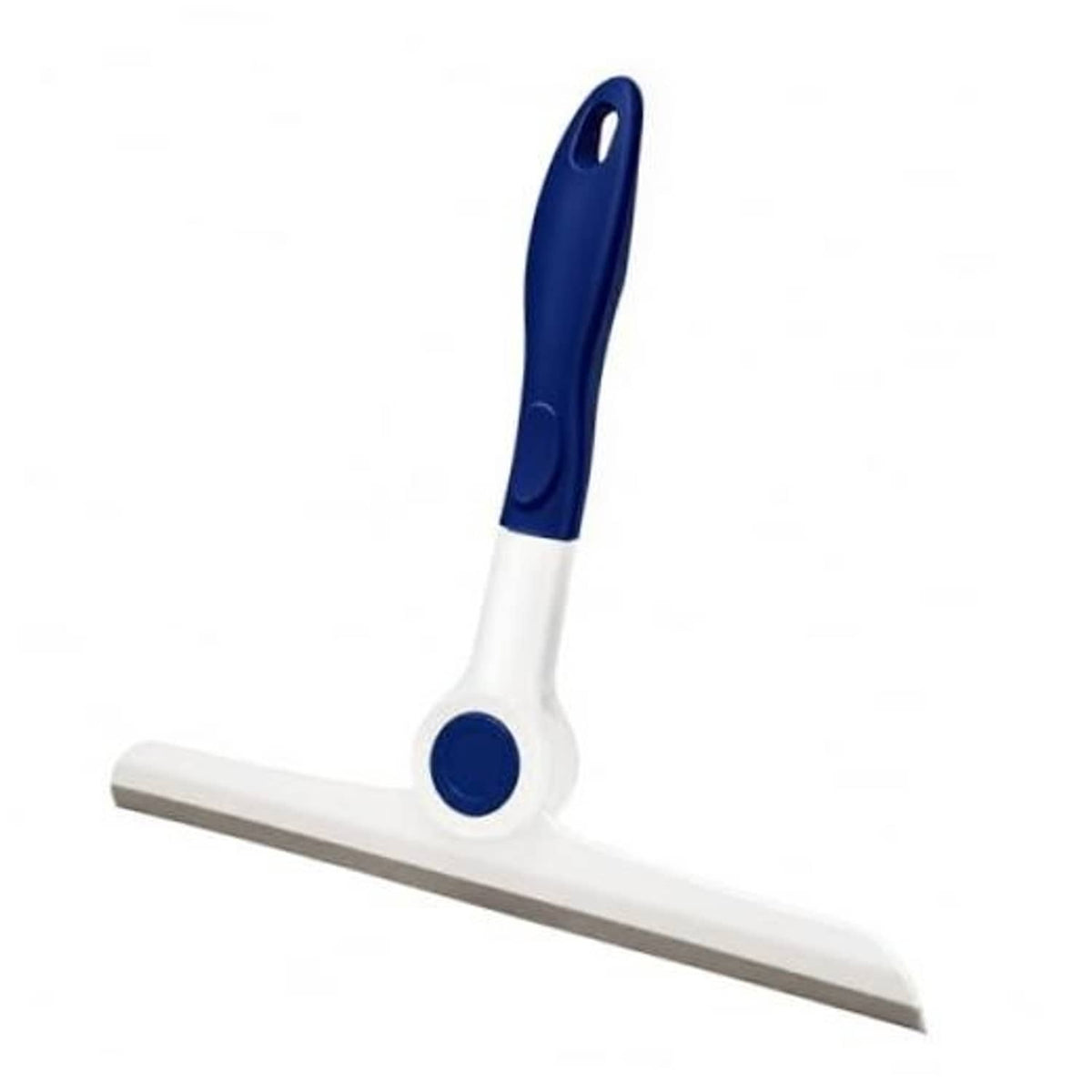 Blue-and-white window squeegee with white handle and gray rubber blade edge.