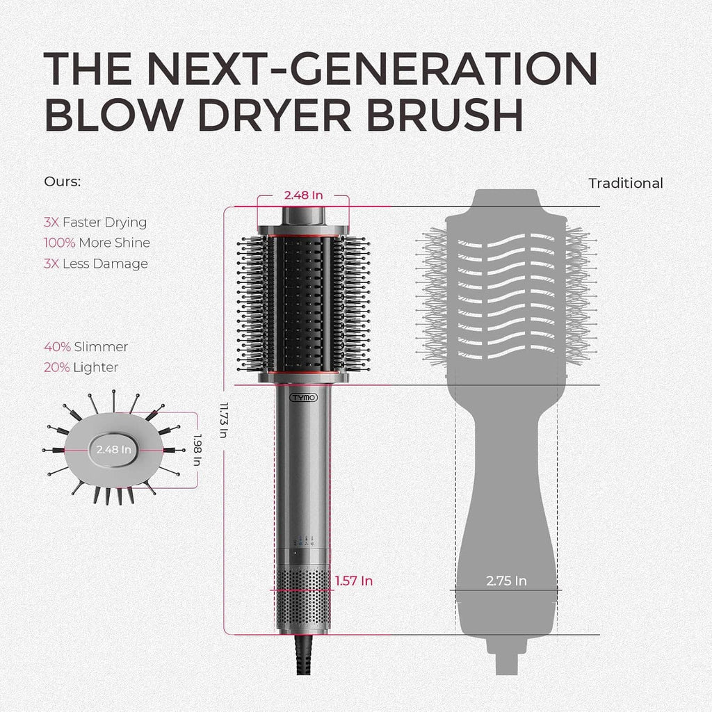 Hair blow dryer brush diagram with compact barrel and vented end cap