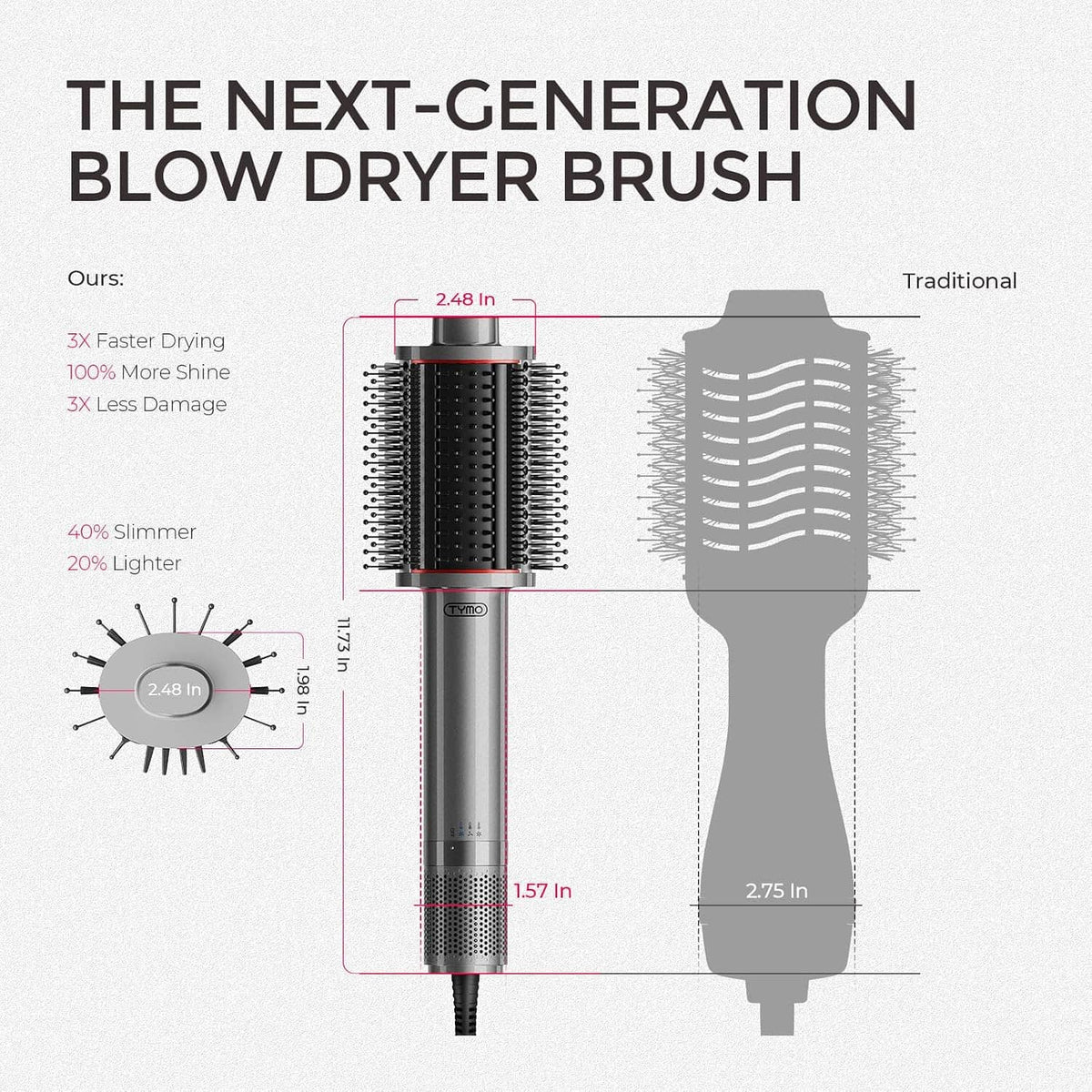 Hair blow dryer brush diagram with compact barrel and vented end cap