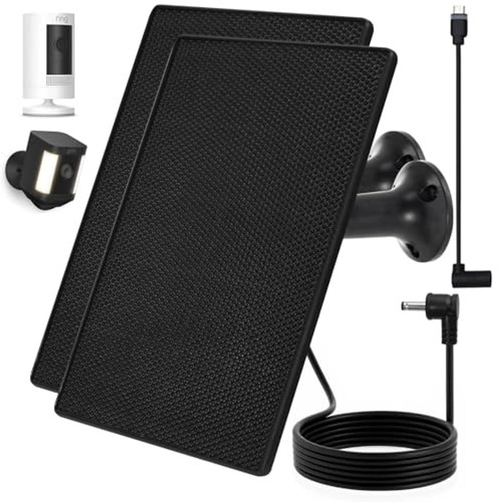 Black solar charger panel with kickstand, mount bracket, and coiled charging cable