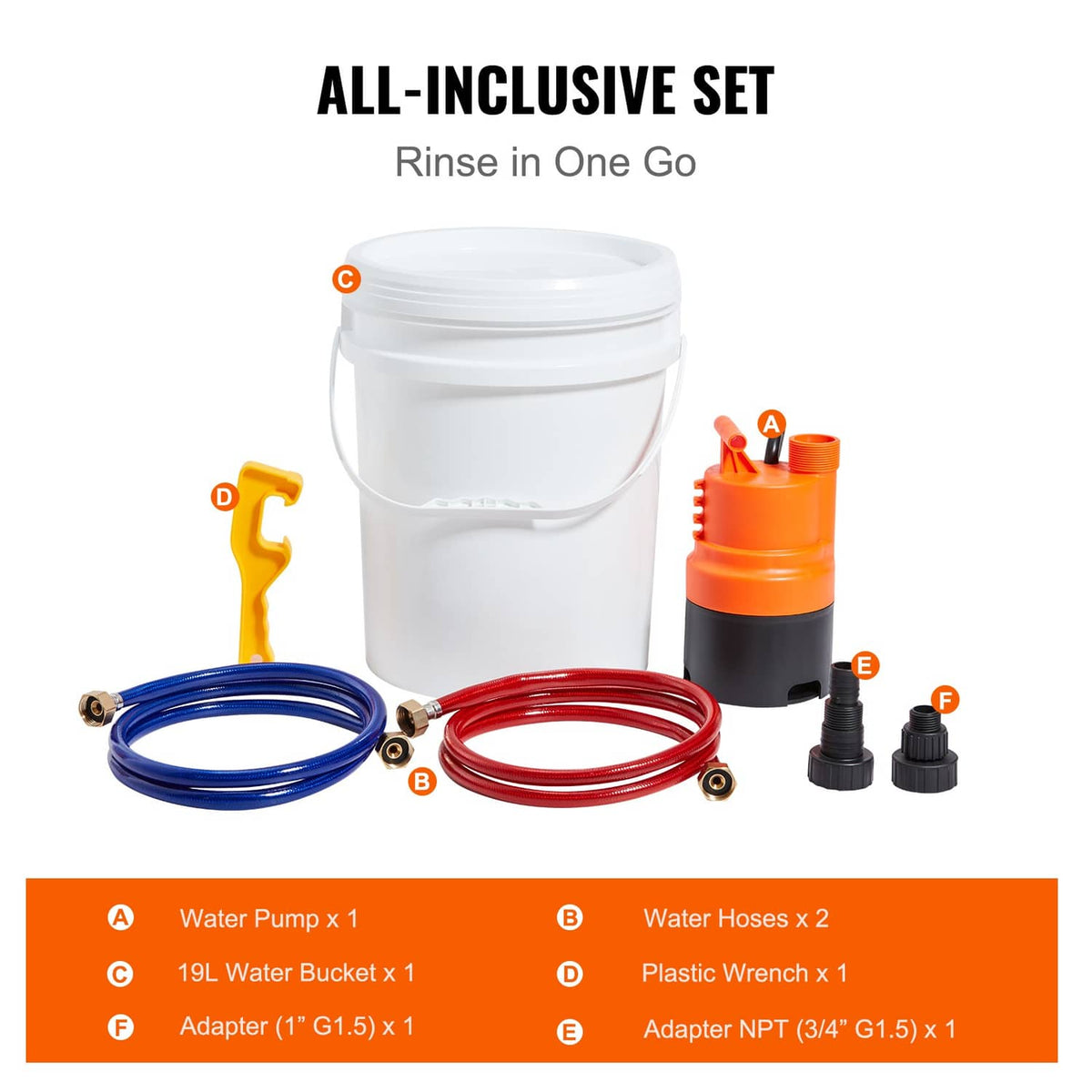 All-in-one descaling kit set with white bucket, orange pump, hoses, plastic wrench, adapters