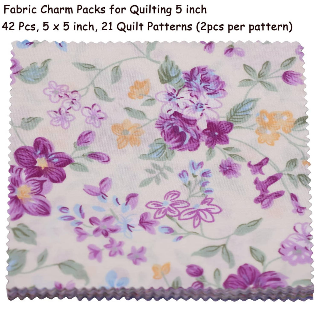 5 in cotton quilt square with purple and orange floral pattern on light background