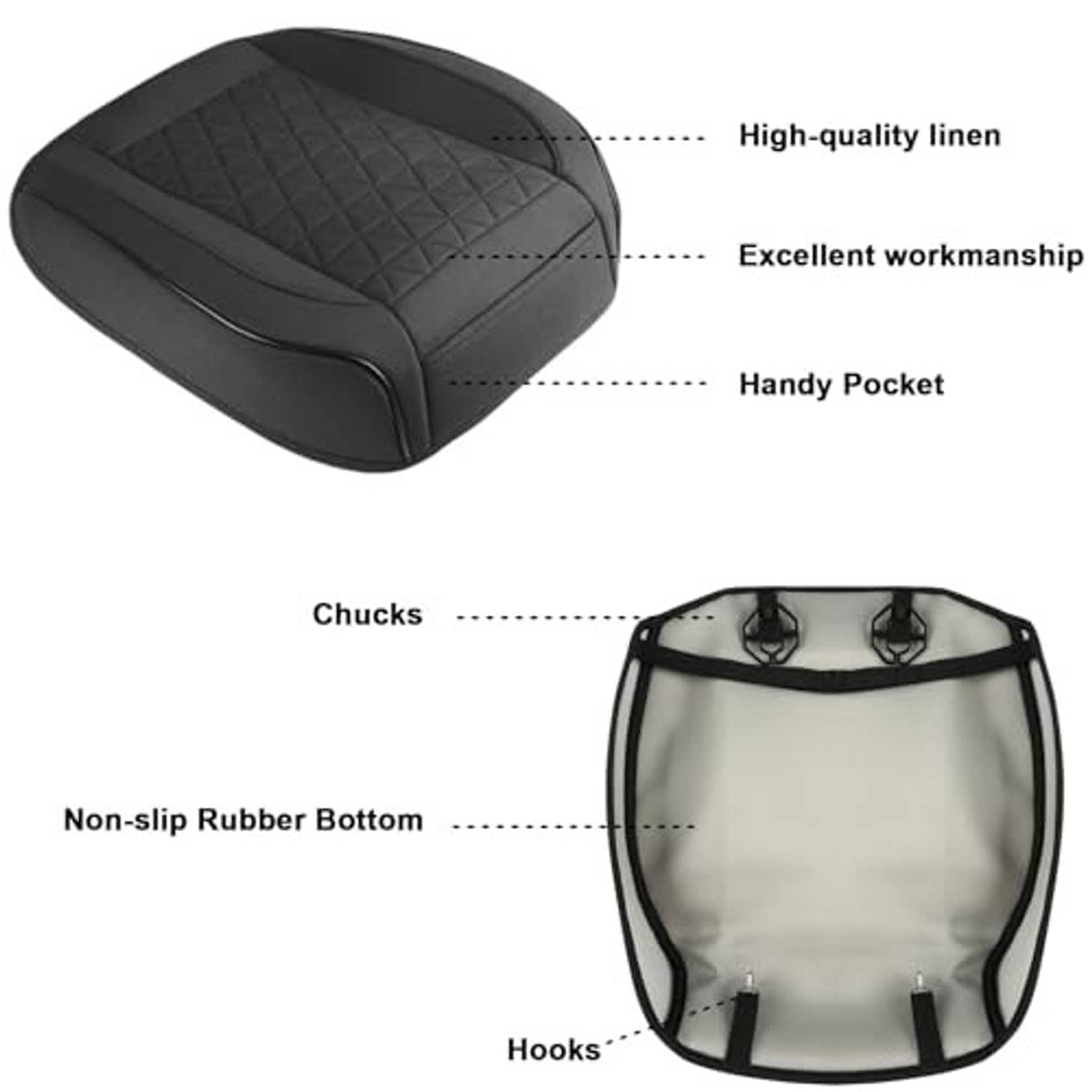 Black car seat cover set with triangular stitching, rear pocket, and hook-and-chuck straps.