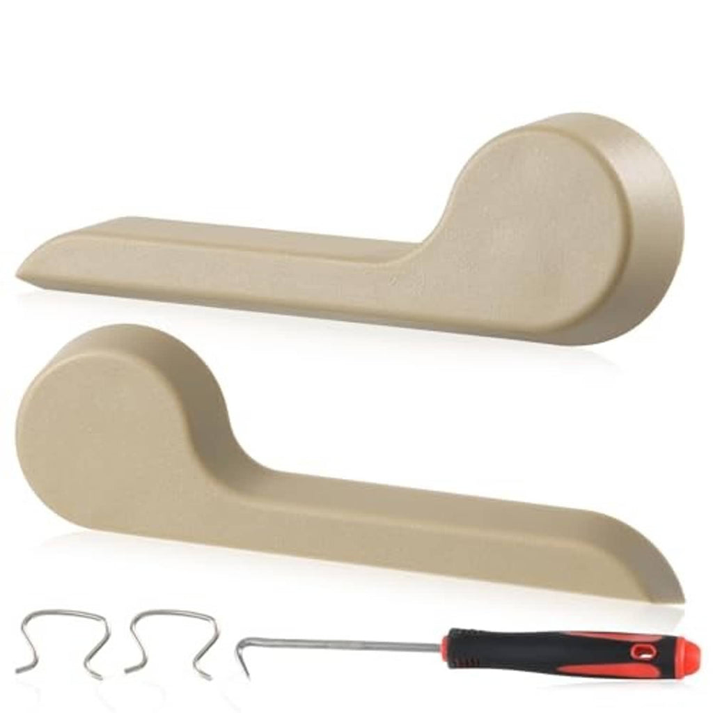 Pair of beige seat recliner handle levers with rounded ends and curved mounting bases
