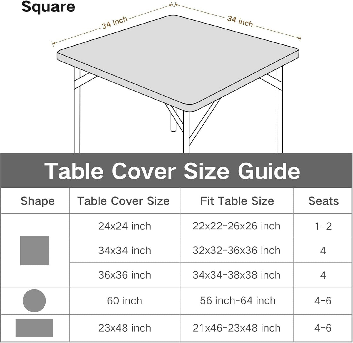 Table cover size guide graphic for square elastic fitted covers