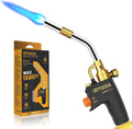 Trigger-start propane torch head with blue flame, gold nozzle and black trigger handle.