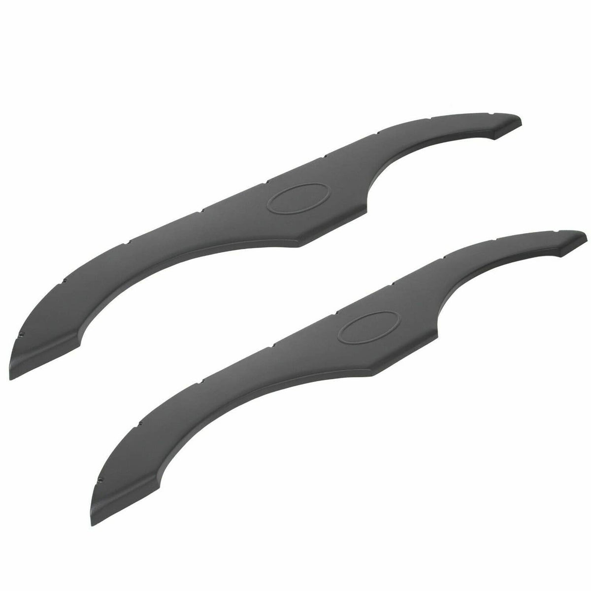 Black curved fender skirt pair, molded plastic panels with oval center and predrilled holes