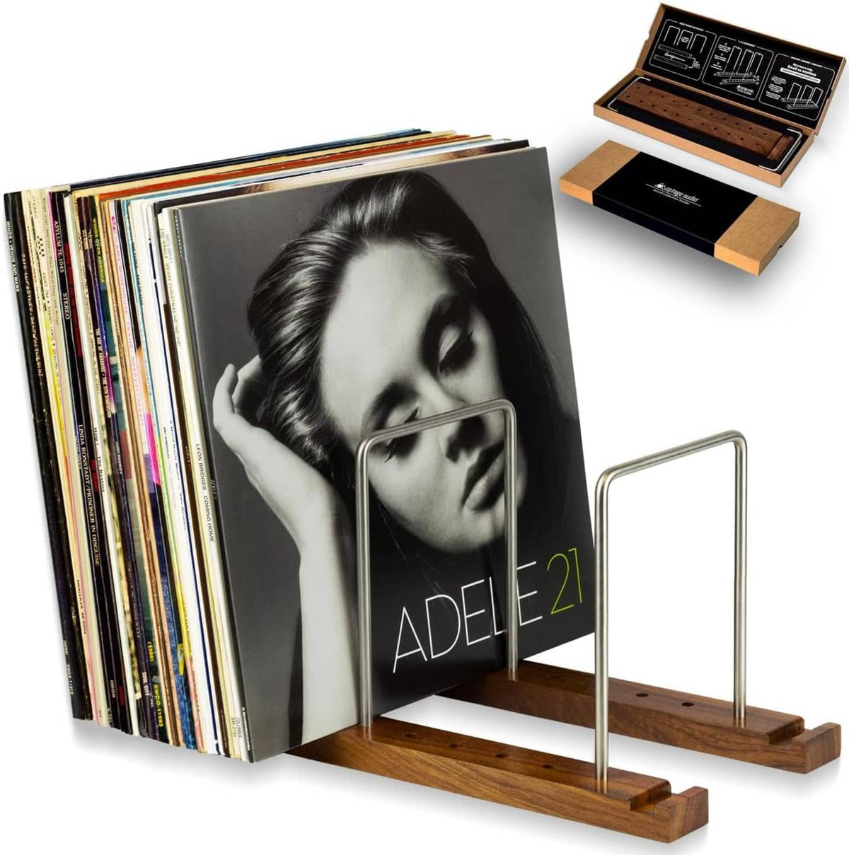 Walnut LP record stand with metal supports and open sleeve storage tray