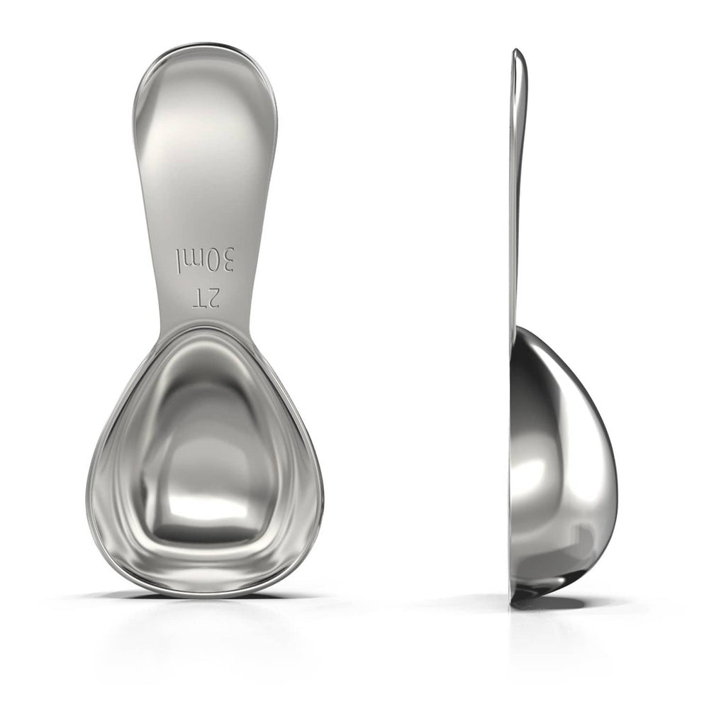 Stainless steel coffee scoop with 2-tablespoon markings, front view