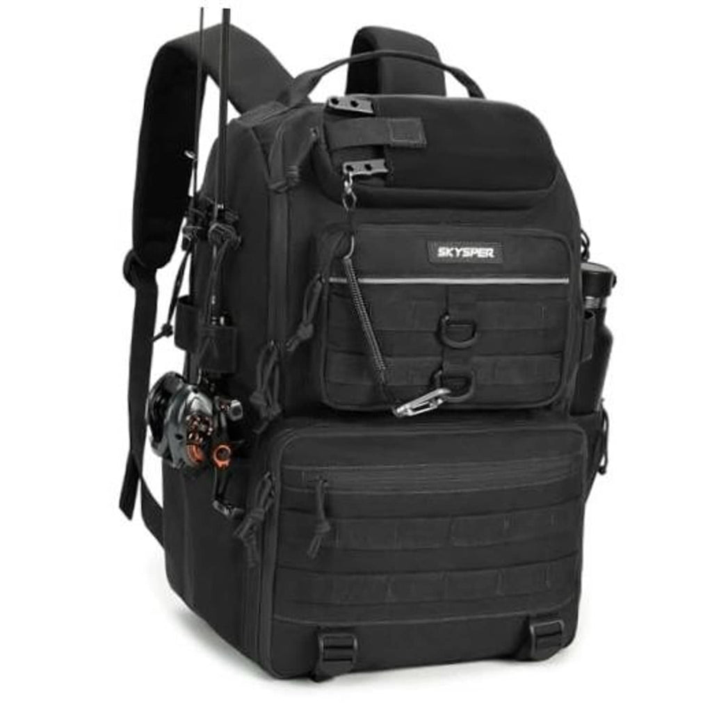 Black fishing tackle backpack with rod holder, front pockets, and padded shoulder straps