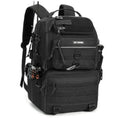 Black fishing tackle backpack with rod holder, front pockets, and padded shoulder straps