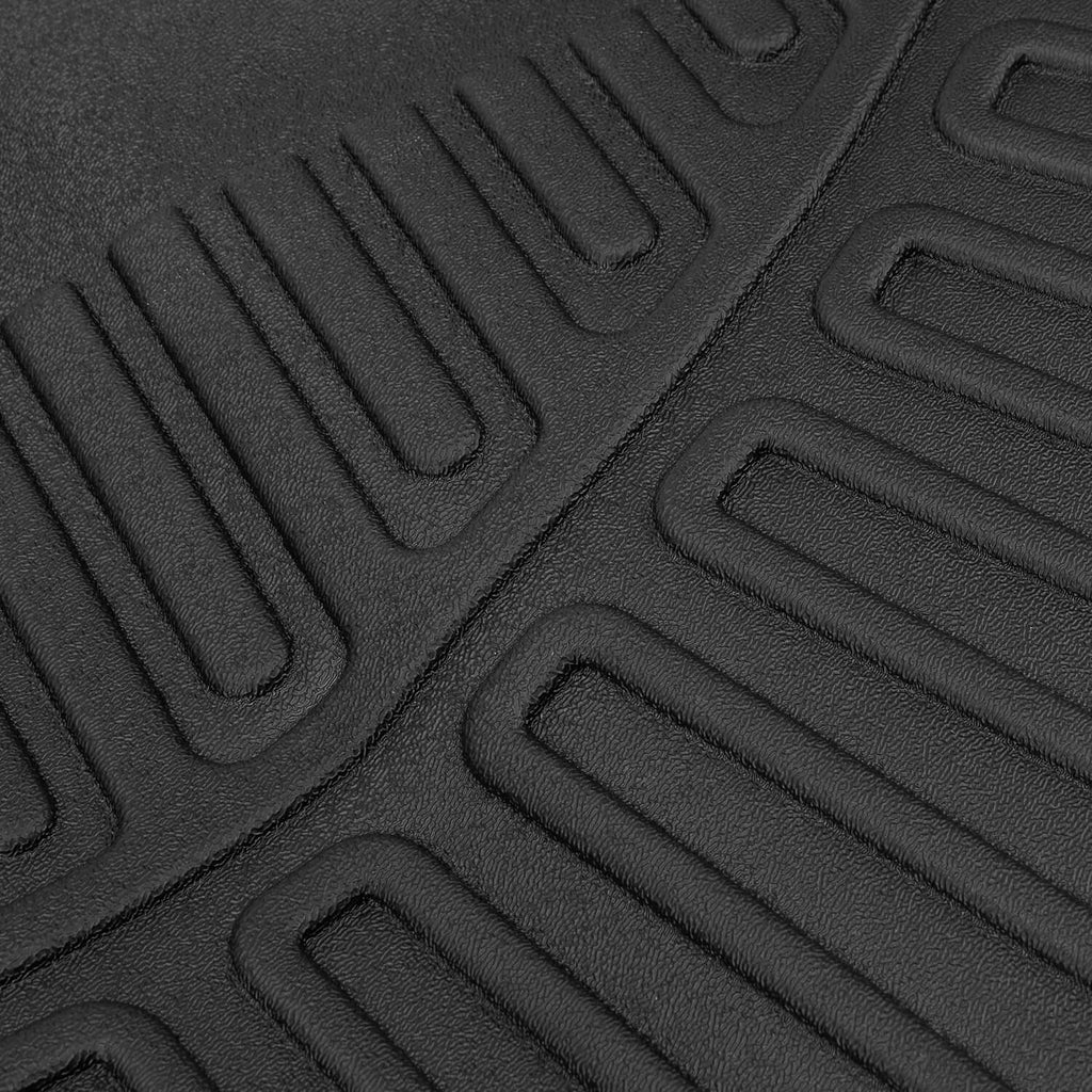 Close-up of black rubber mat tread grooves with raised border sections