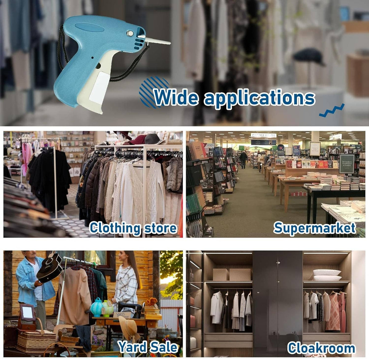 Tagging gun shown above store panels and yard sale and coatroom icons