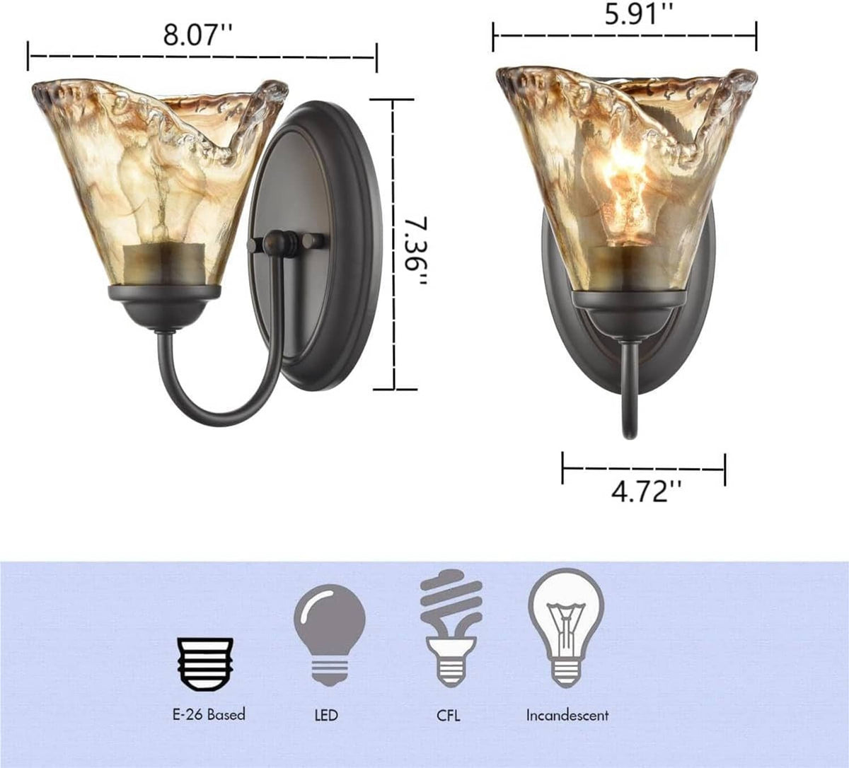 Vintage wall sconce with amber art glass shade and black oval backplate, with dimensions