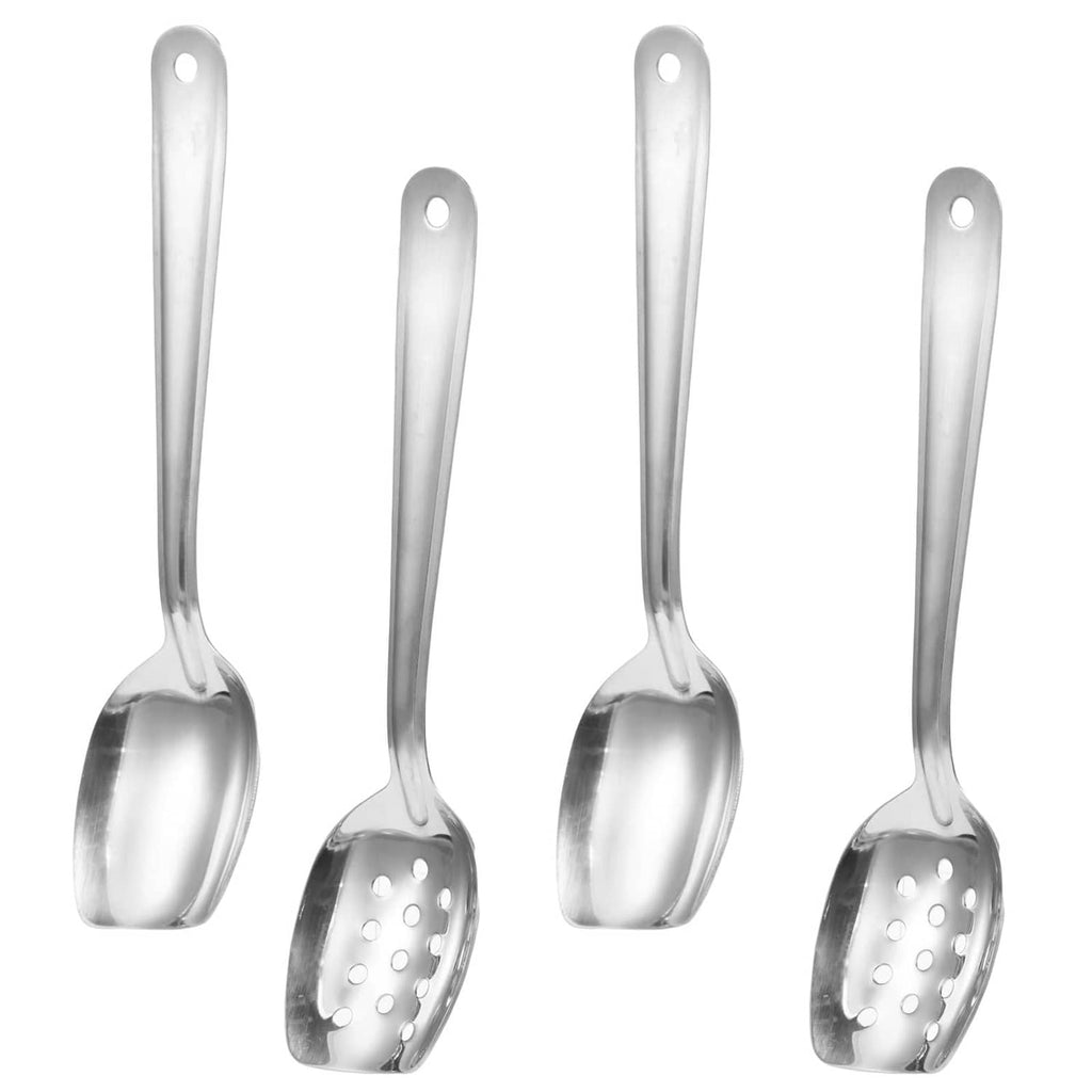 Silver slotted and serving spoon set, four flat-bottom spoons with hanging loops