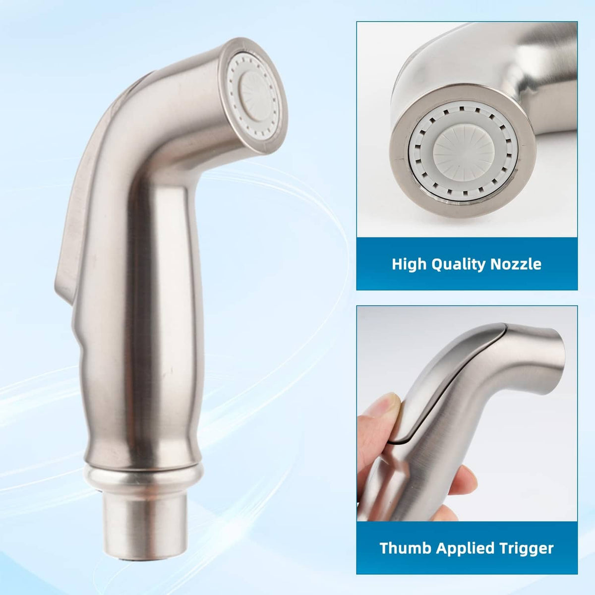 Brushed nickel sprayer head with round nozzle and thumb trigger, pull-down design