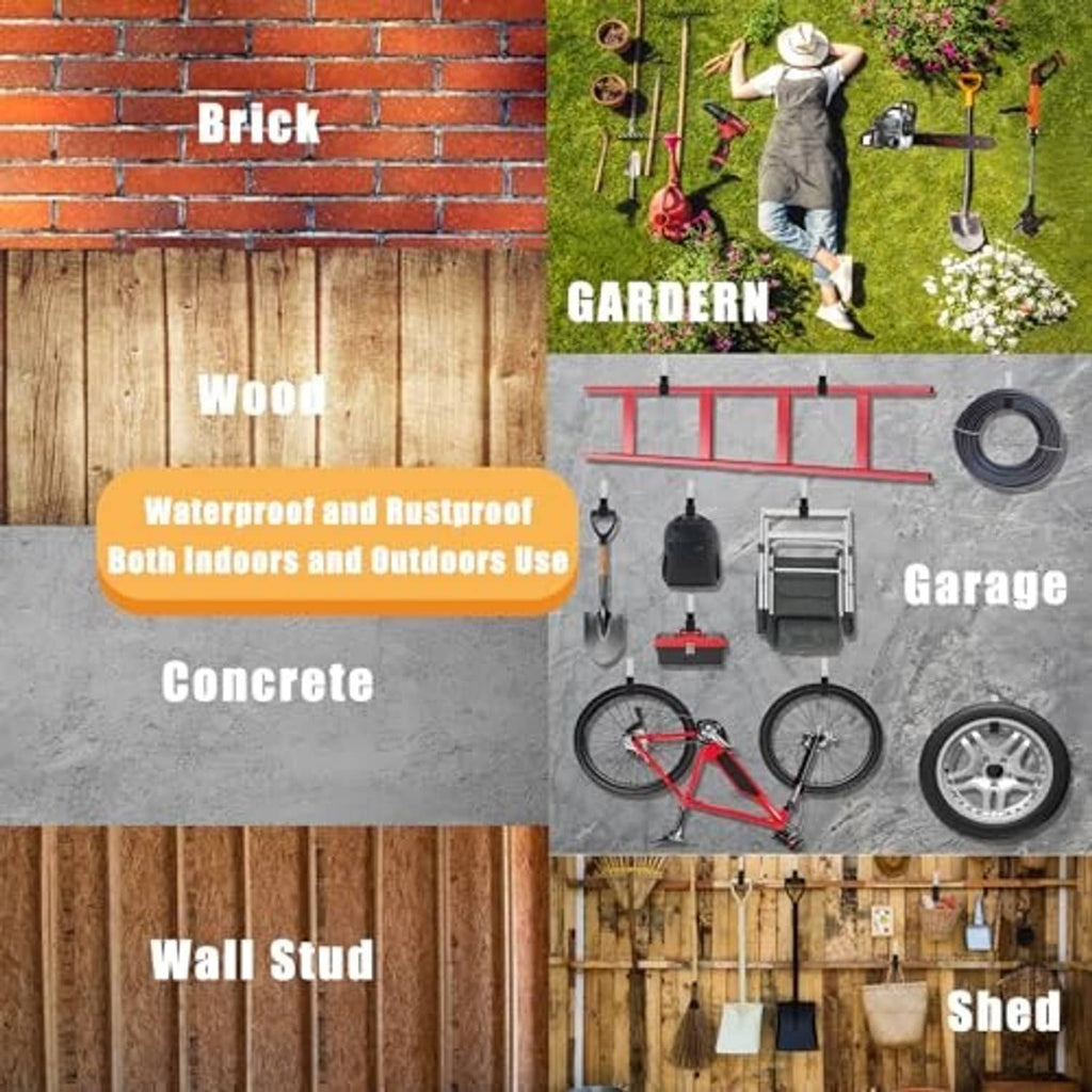 All-purpose garage wall hooks for brick, wood, concrete, and shed storage