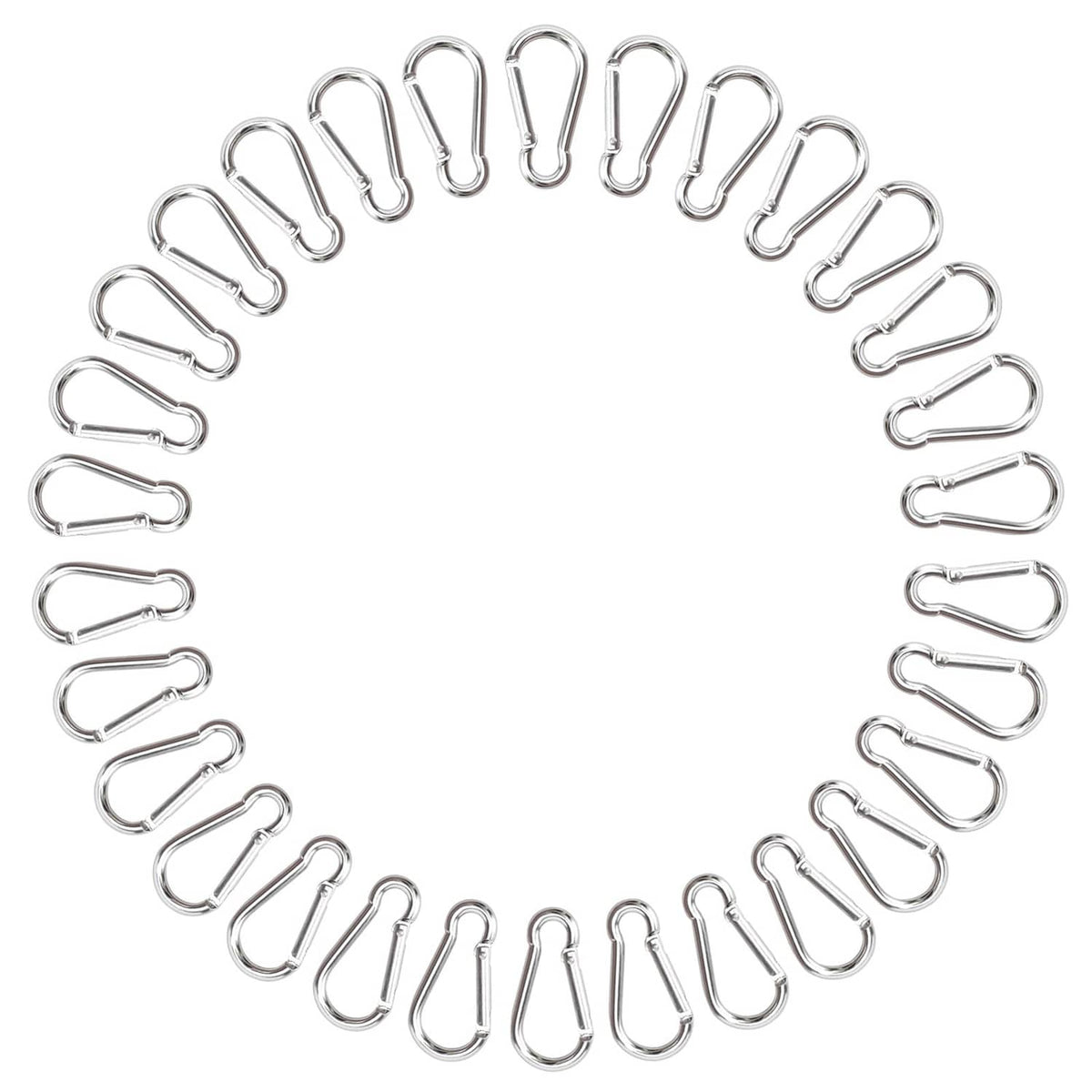 Ring of small silver mini aluminum spring carabiners with locking D-shaped gates