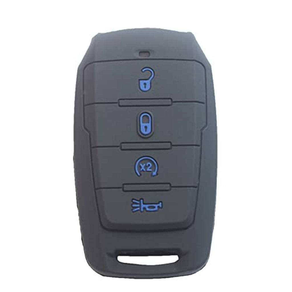 Black silicone key fob cover showing blue lock and X2 icons, 4-button layout