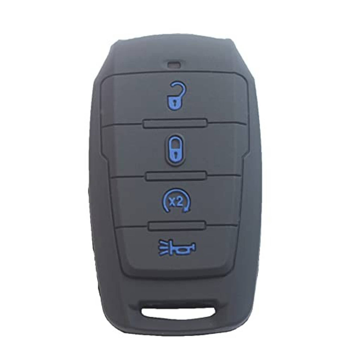 Black silicone key fob cover showing blue lock and X2 icons, 4-button layout