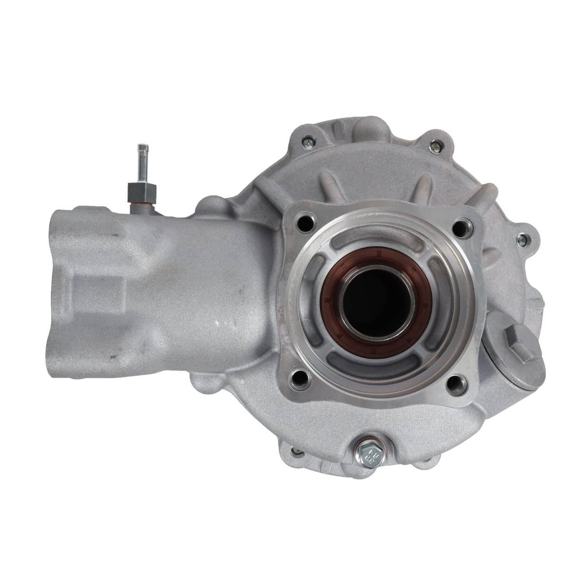 Rear differential gear case angled front view with circular flange and seal ring