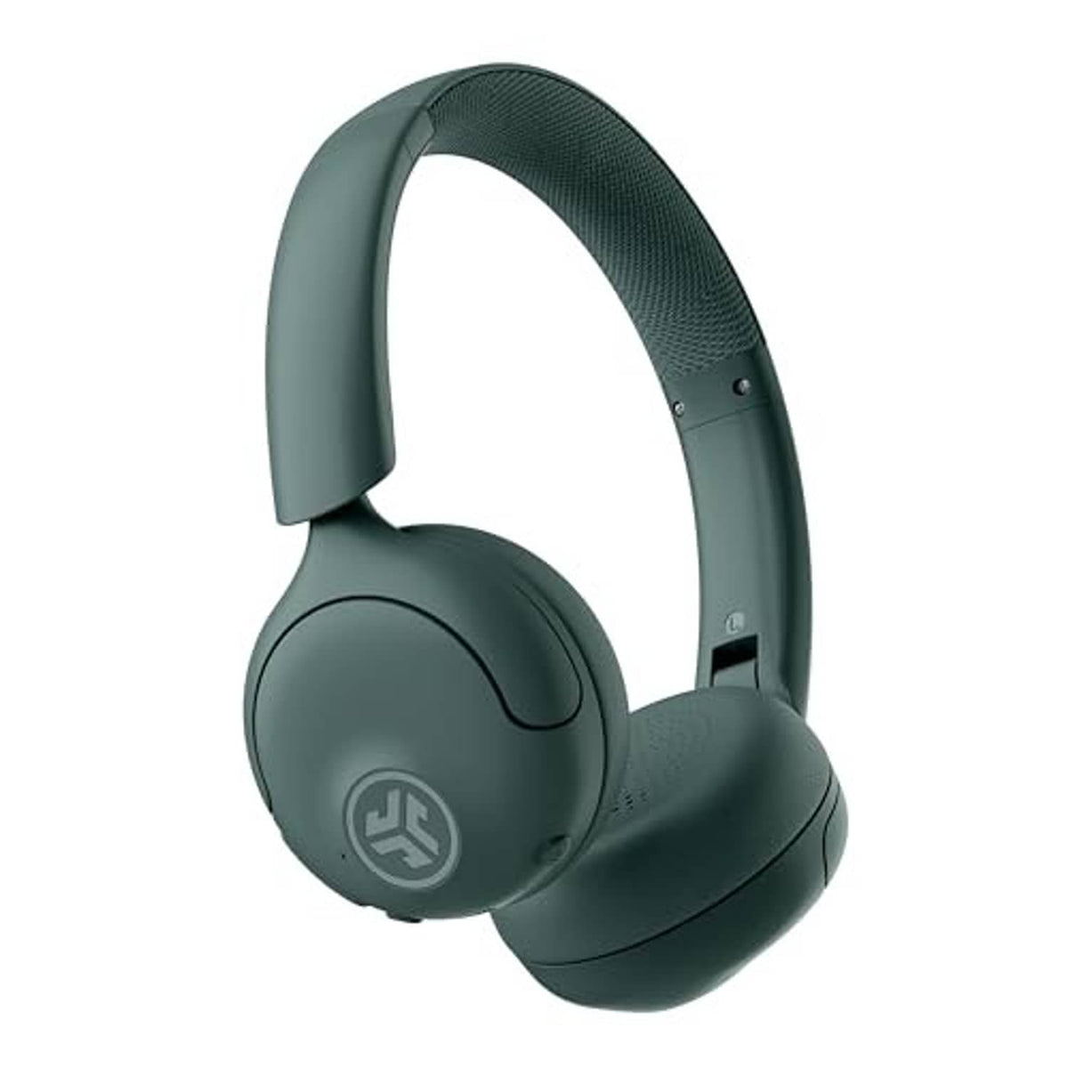 Sage green on-ear wireless headphones with textured earcups and visible controls