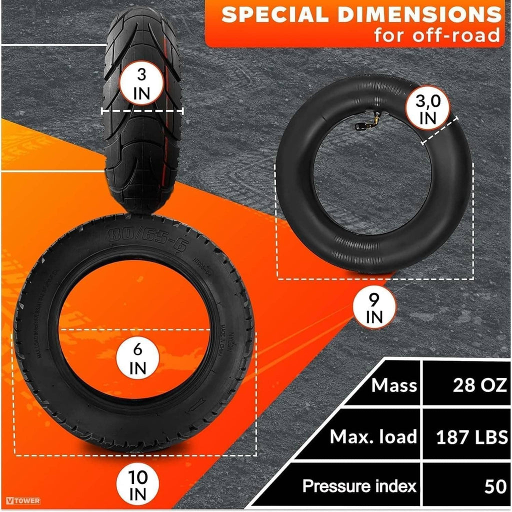Black scooter tire and inner tube, rugged off-road tread with size callouts