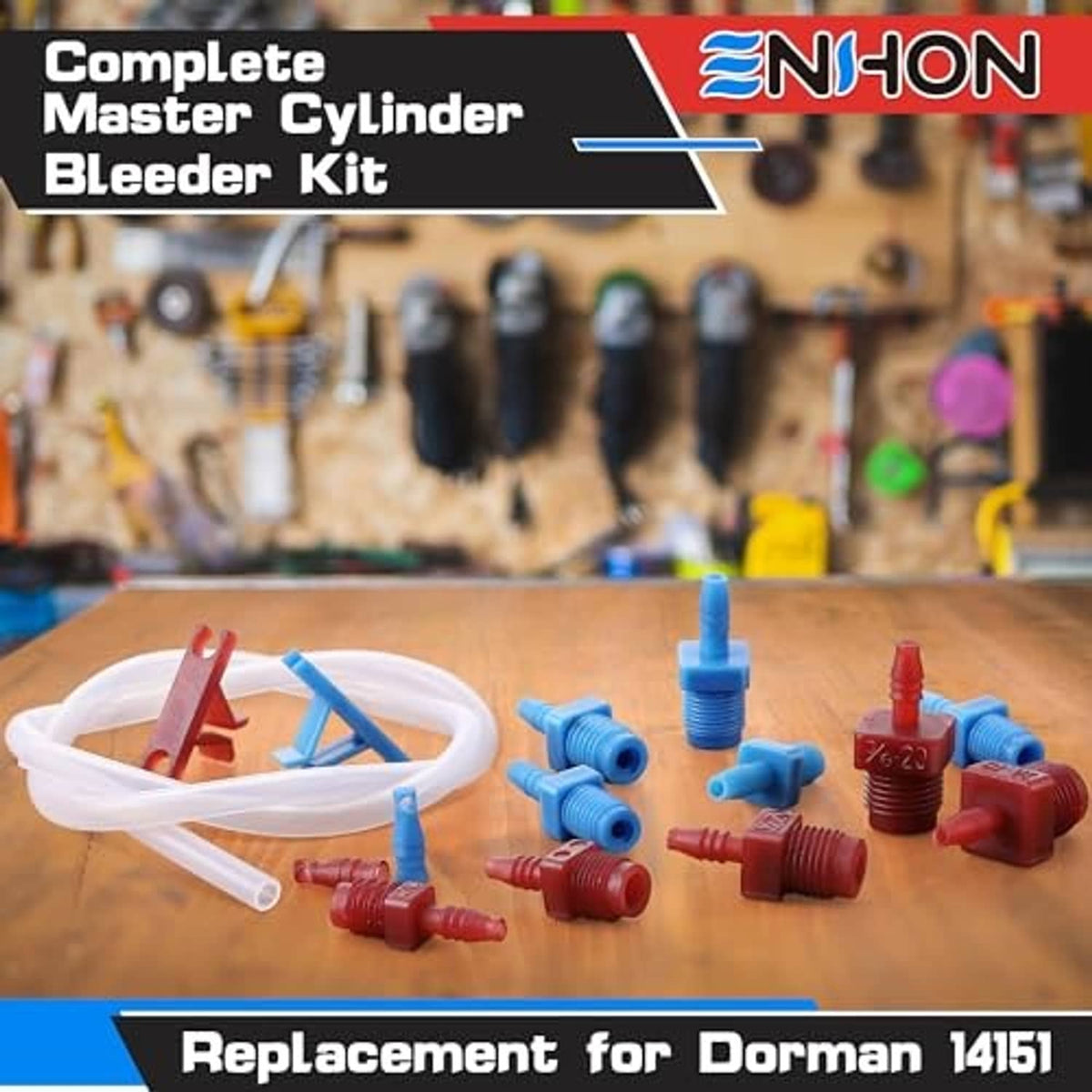 Master cylinder bleeder kit with clear hose and blue/red fittings for brake bleeding replacement